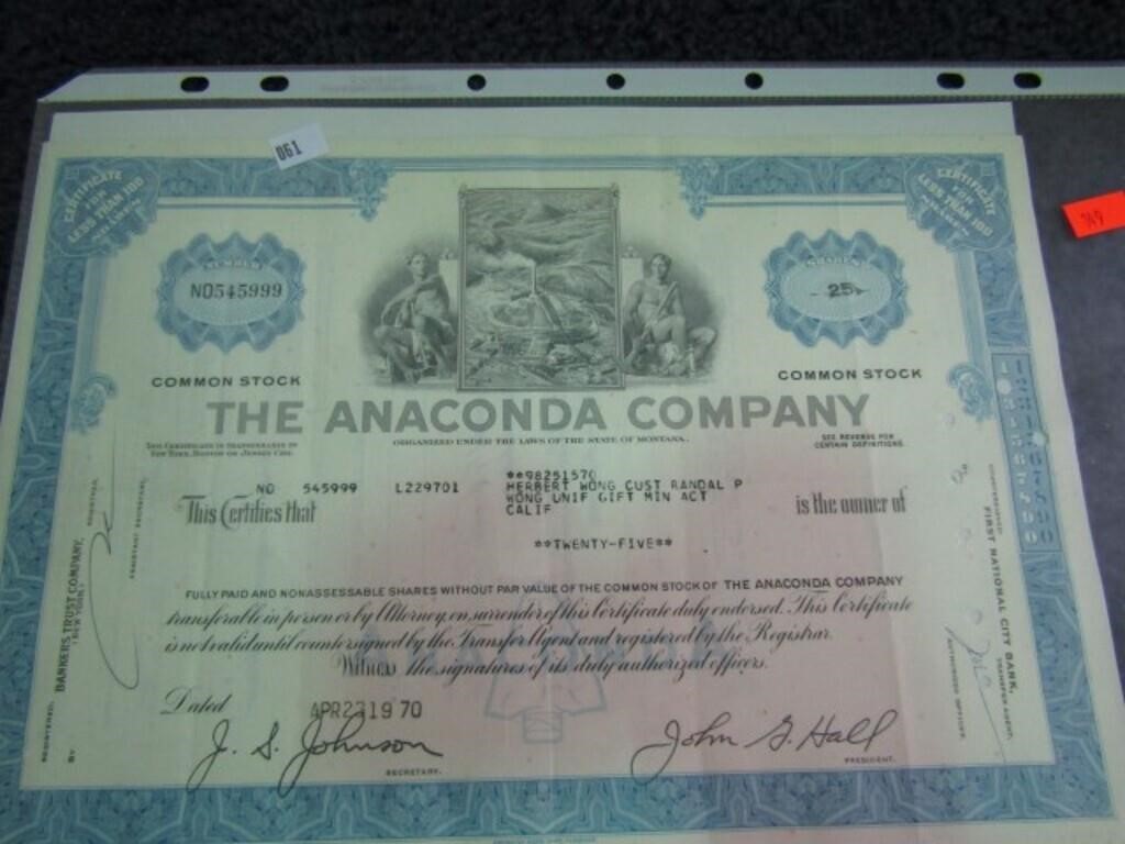 ANACONDA Co. STOCK CERTIFICATE