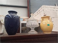 Large Lidded Glass Bowl and Two Vases