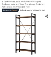 NEW 5 Tier Industrial Bookcase, Rustic, Real