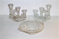 Pair Rosepoint Candleholders and Dish