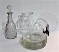 11 Etched 8" Plates, Decanter, and Pitcher