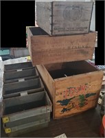 2 old bakery breadpans 3 wooden fruit crate boxes