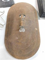 Vintage metal boiler lid w/ wood handle, 23" x 13"