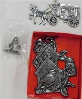 Pewter ornaments : 5" birdhouse - 4" stagecoach -