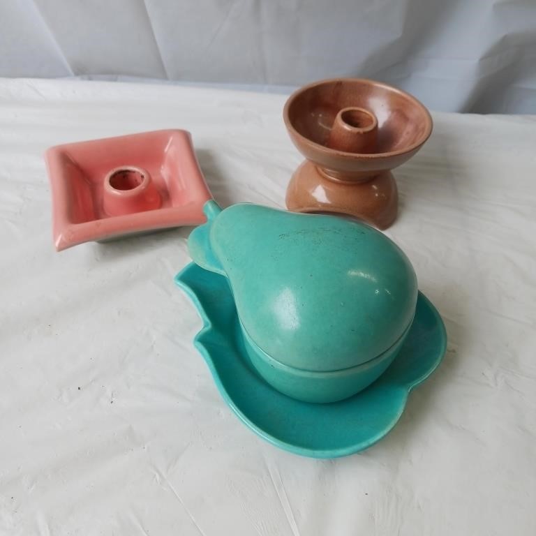 Redwin pottery - pear container, candle holders