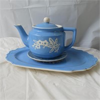 Cameoware tea pot, saucer, platter