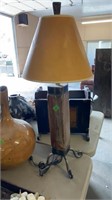 RUSTIC IRON & WOOD LAMP W/ SHADE, 34.5" TALL