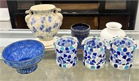 7 PIECES! Pottery Deco Blue Lot Vases, Bowl, Cups