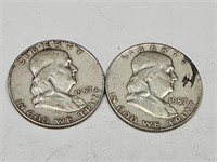 2-  1957 D Benjamin Franklin Silver Half Dollars