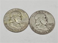 2-  1954 S Benjamin Franklin Silver Half Dollars