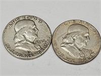 2- 1958 Benjamin Franklin Silver Half Dollars