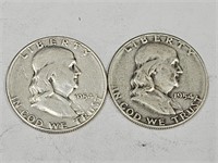 2- 1954 S  Benjamin Franklin Silver Half Dollars