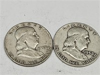 2- 1958 D Bernjamin Franklin Silver Half Dollars