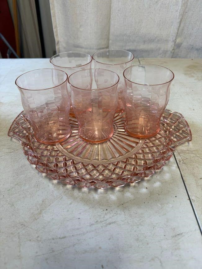 5 Pink Glass Cups & Platter