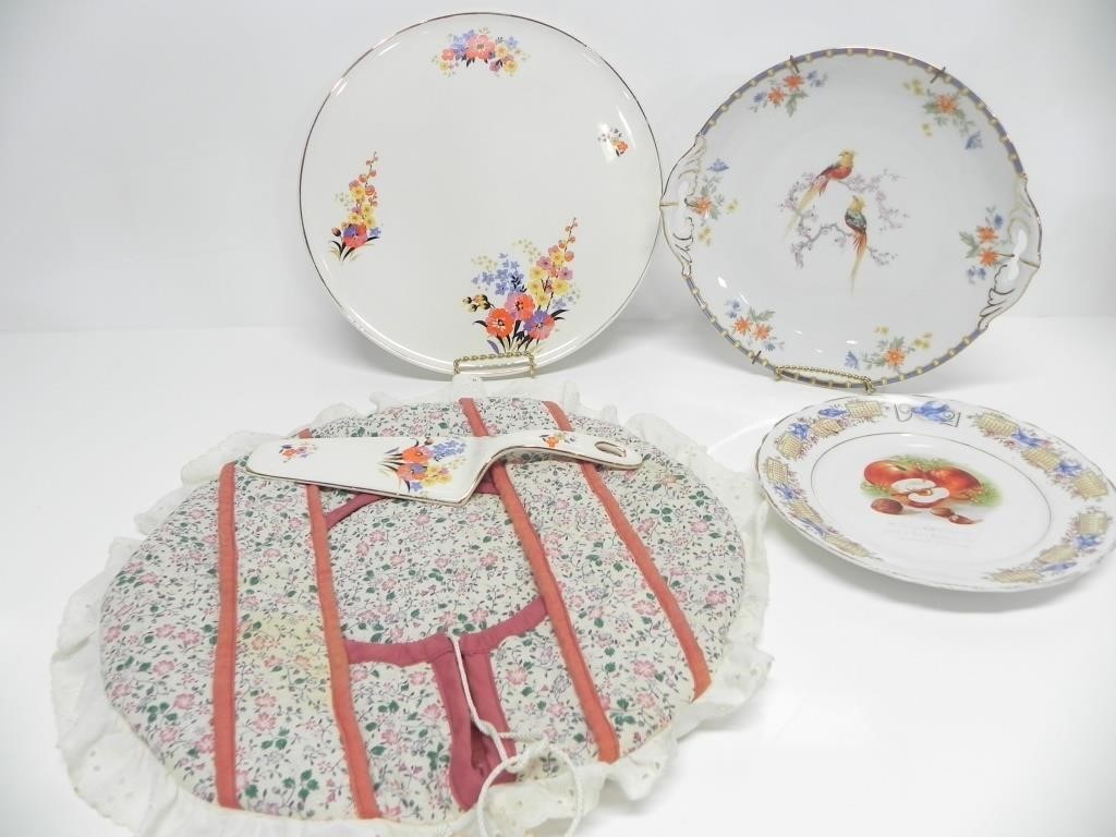 CAKE PLATE W/ COZY & SERVER, WALL PLATE & ETC