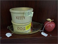 DOG & KITTY STONEWARE BOWLS, MIRRORED VANITY TRAY,