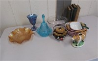 Carnival glass, butter dish, vintage books, etc.