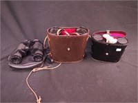 Three pairs binoculars, two in leather cases
