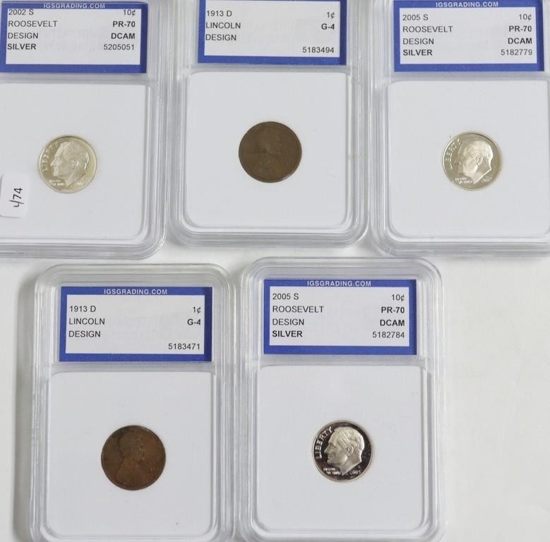 5// MIXED IGS GRADED COINS