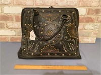 LARGE BLACK LEATHER EMBROIDERED CARRY-ON BAG