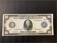 Blue seal ten dollar Federal Reserve note.