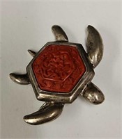 Sterling Silver & and carved cinnabar turtle pin