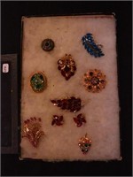 Container of rhinestone jewelry: pins and earring