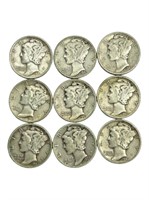 Nine Mercury Dimes 22.5 Grams of Silver Selling le