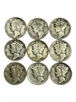 Nine Mercury Dimes 22.5 Grams of Silver Selling le