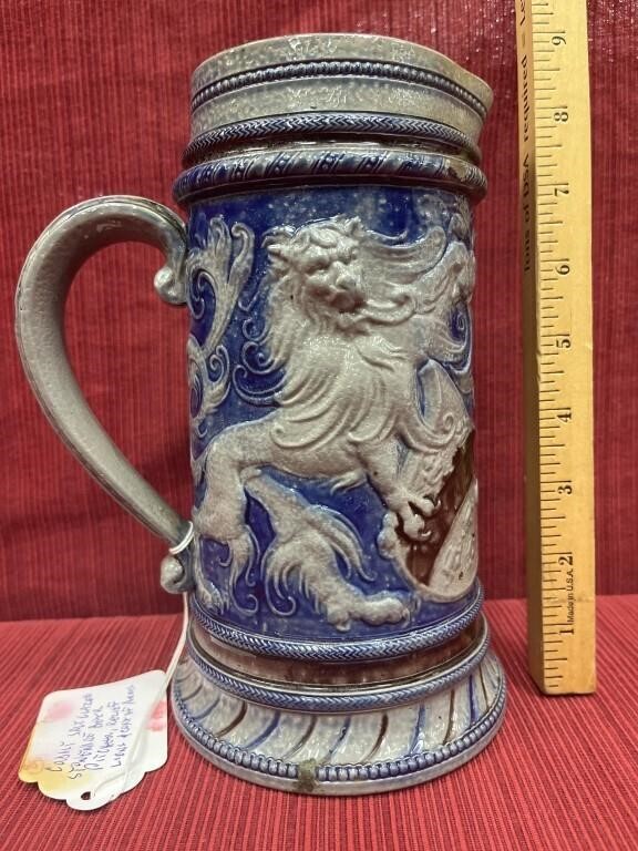 Cobalt salt glaze stoneware beer stein relief of