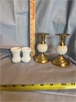 Vintage candleholders, and milk glass toothpick