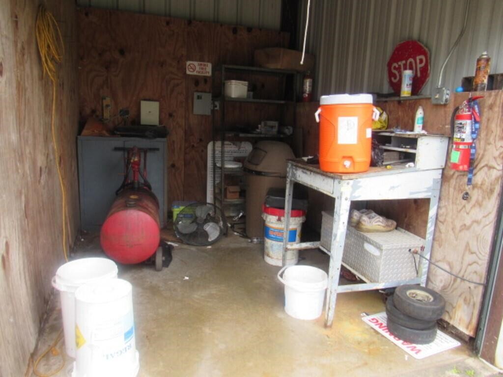 CONTENTS OF SMALL SHED: FUEL BARREL/RE-FUELER, ETC