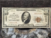 1929 First Nat'l Bank of Greenwood Ark $10 Note