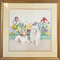 CUTE SIGNED WATERCOLOR - DOGS IN THE GARDEN