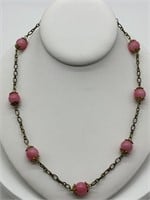 Fine French Pink Opaline & Brass Beaded Necklace