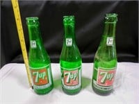 Vintage Green 7UP bottles-each different (3)