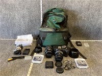 Olympus Camera with Accessories and Backpack