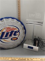 Miller Lite plush throw pillow and light up clock