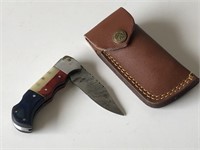 Damascus Pocket Knife w/ seal of OK Sheath