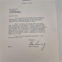 Senator John F Kennedy signed letter