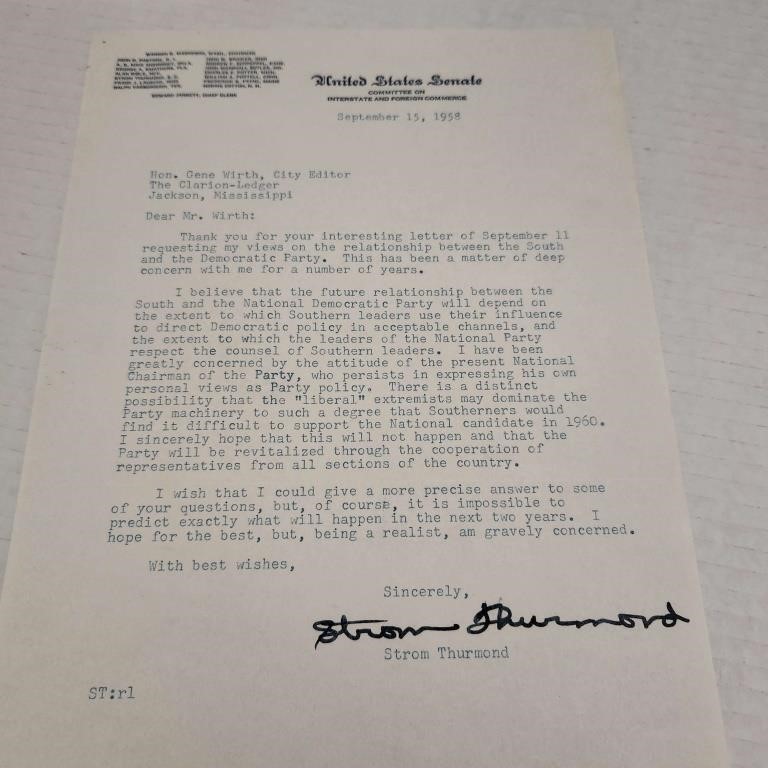 1958 Strom Thurmond Signed Letter