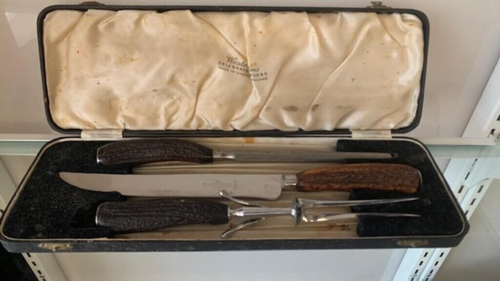 Vintage Stag Handle Carving Set as found
