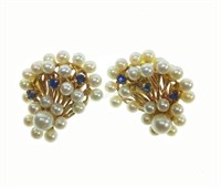 14k Yellow Gold Pearl & Blue Sapphire Earrings
