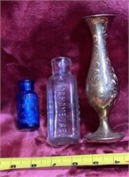 2 Old cork top medicine bottles and brass vase