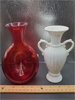 Vintage Blenko Red Bud Vase And Whiye Bud Vase