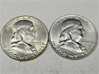 1958, 1958D Franklin Silver Half Dolla Coins