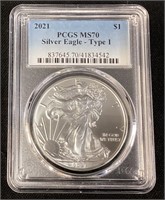 2021 SILVER AMERICAN EAGLE, T-1, GRADED MS70