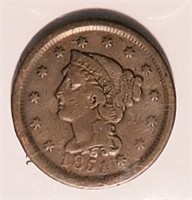 Antique Coin 1851   Braided hair large cent