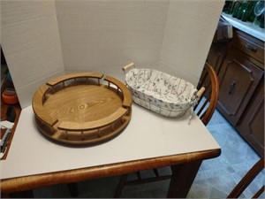 Wooden Lazy Susan  wire bread basket with liner