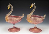 Pair of Venetian Glass Swan Candy Dishes, Murano?